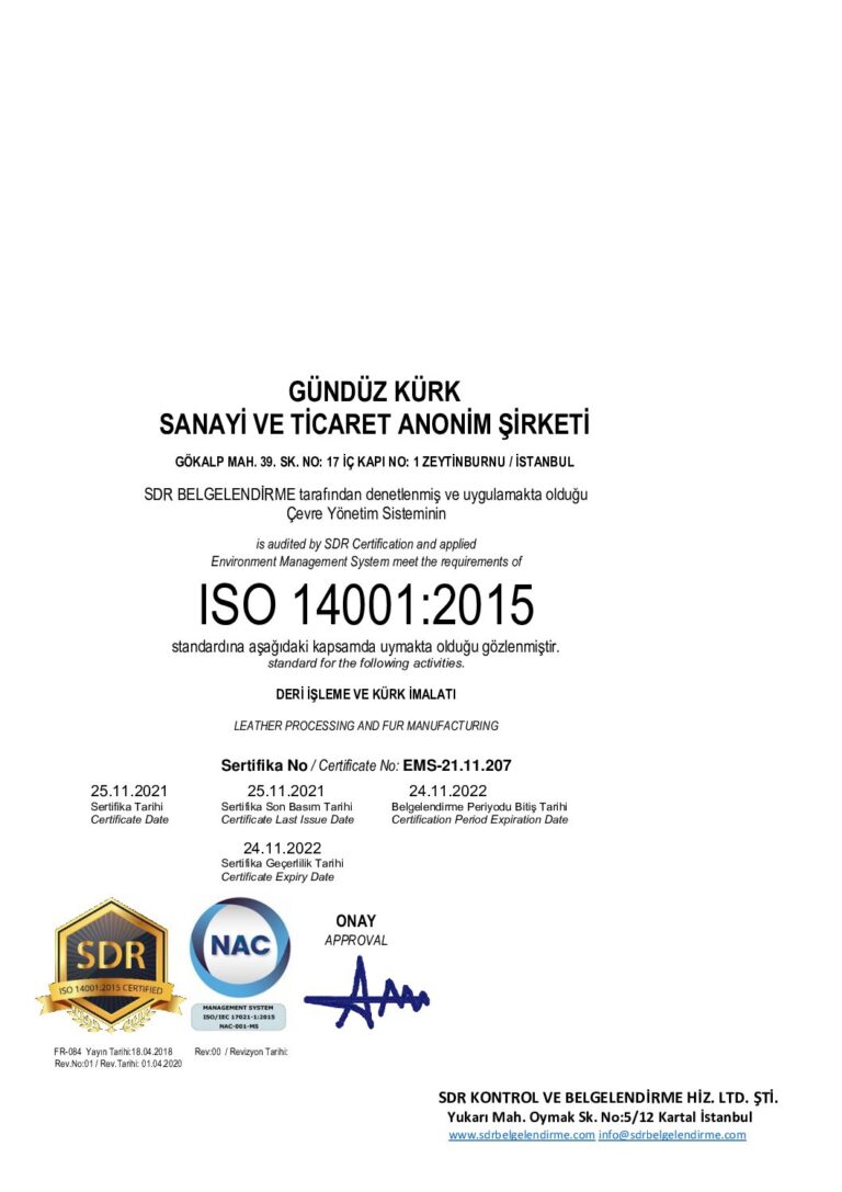 ISO 14001:2015 sertifikası