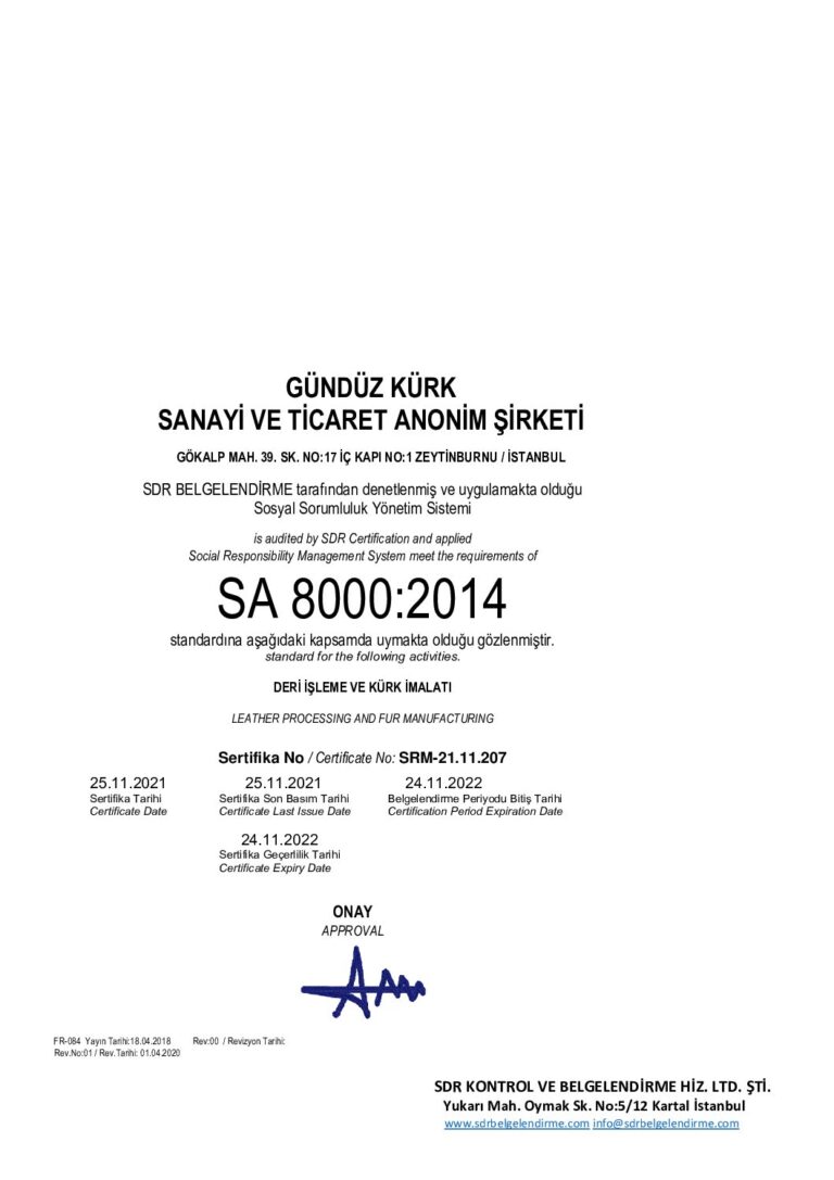 SA 8000:2014 sertifikası